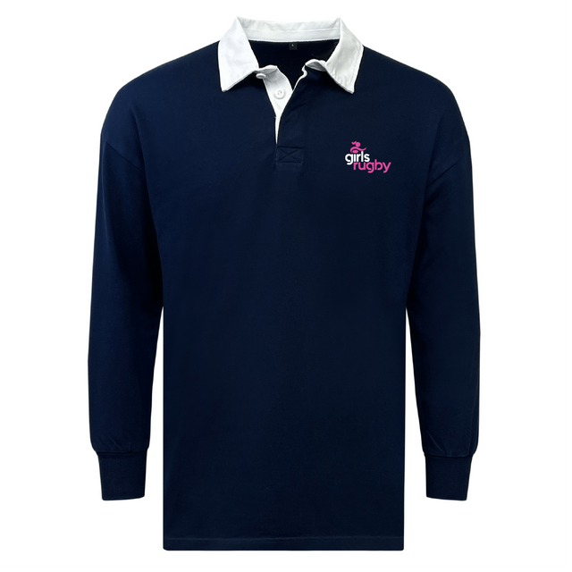 The EMB Mudoo Girls Rugby Classic Long Sleeve Solid Rugby Jersey features a navy blue design with a white collar and "girls rugby" logo. Made from a cotton/poly blend, it ensures ultimate fan comfort.