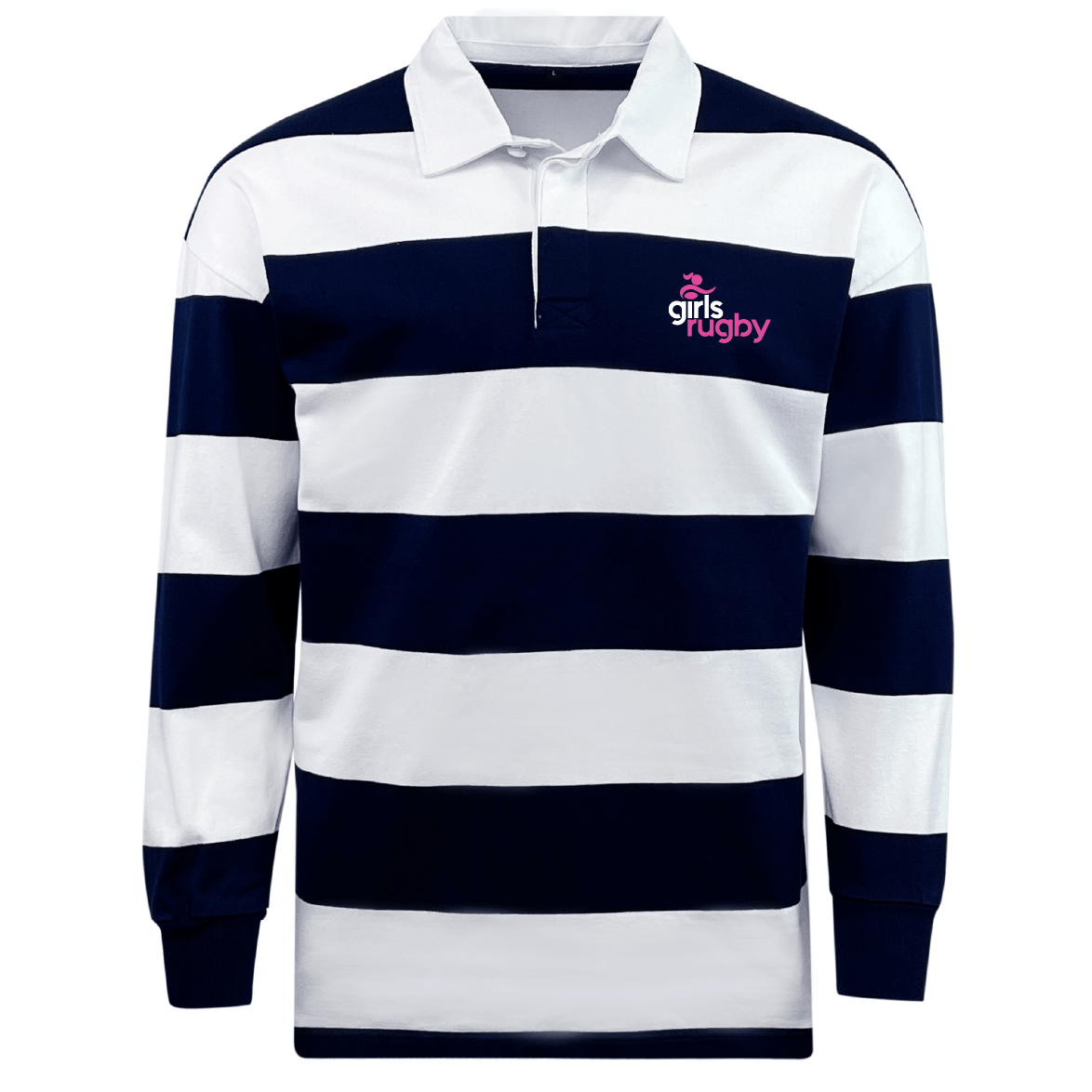 The EMB Mudoo Girls Rugby Classic Long Sleeve Hooped Jersey combines navy and white stripes with a pink and white "girls rugby" logo on the chest, offering style and comfort for leisurewear enthusiasts.