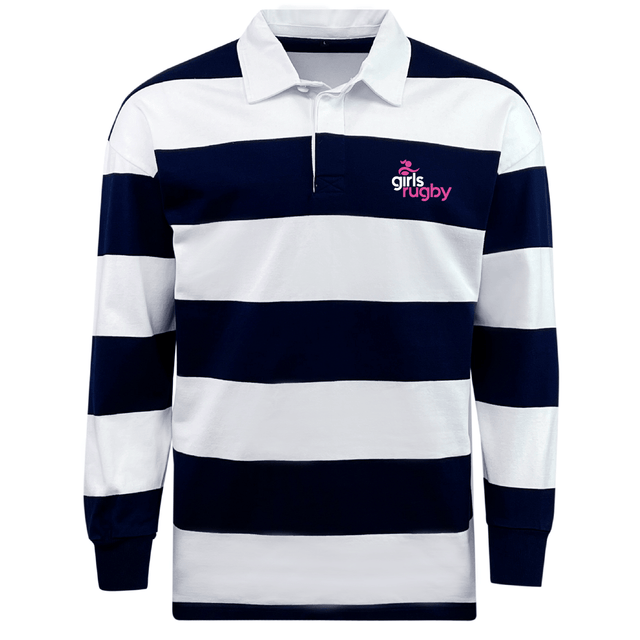 The EMB Mudoo Girls Rugby Classic Long Sleeve Hooped Jersey combines navy and white stripes with a pink and white "girls rugby" logo on the chest, offering style and comfort for leisurewear enthusiasts.