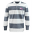 The EMB Mudoo Girls Rugby Classic Long Sleeve Hooped Rugby Jersey features gray and white stripes, a vibrant pink "girls rugby" logo on the chest, and is made from a comfortable cotton/poly blend, making it perfect for chic leisurewear.