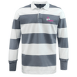 The EMB Mudoo Girls Rugby Classic Long Sleeve Hooped Rugby Jersey features gray and white stripes, a vibrant pink "girls rugby" logo on the chest, and is made from a comfortable cotton/poly blend, making it perfect for chic leisurewear.