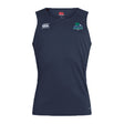 The Endicott College Club Dry Singlet by EMB Canterbury is a sleeveless navy blue athletic top featuring a white Canterbury logo on the right chest and a green and blue "Gulls" logo on the left, ideal for sports enthusiasts.