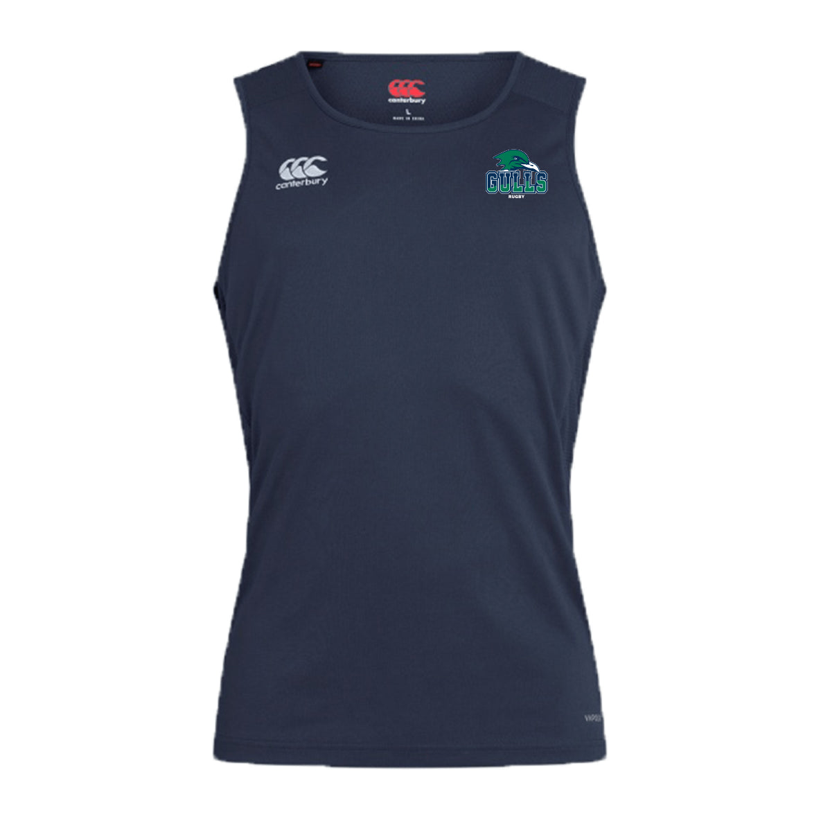The Endicott College Club Dry Singlet by EMB Canterbury is a sleeveless navy blue athletic top featuring a white Canterbury logo on the right chest and a green and blue "Gulls" logo on the left, ideal for sports enthusiasts.