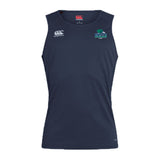 The Endicott College Club Dry Singlet by EMB Canterbury is a sleeveless navy blue athletic top featuring a white Canterbury logo on the right chest and a green and blue "Gulls" logo on the left, ideal for sports enthusiasts.