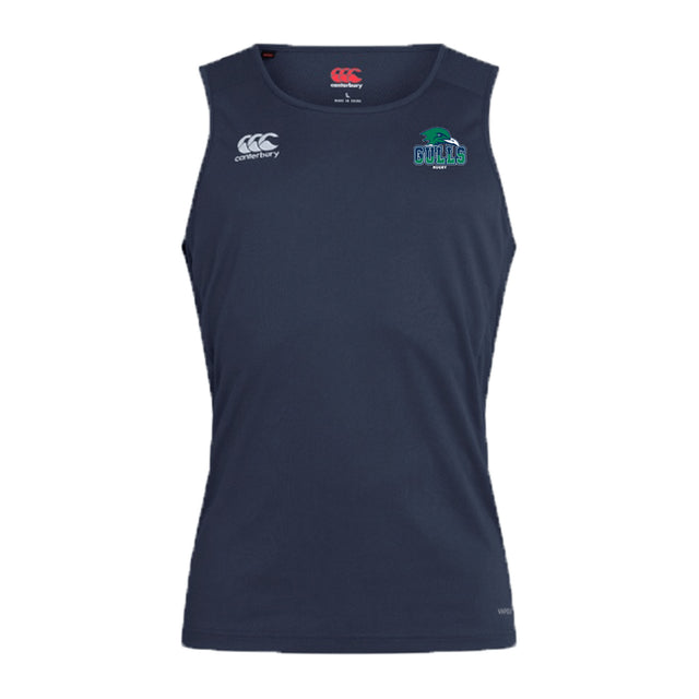 The Endicott College Club Dry Singlet by EMB Canterbury is a sleeveless navy blue athletic top featuring a white Canterbury logo on the right chest and a green and blue "Gulls" logo on the left, ideal for sports enthusiasts.