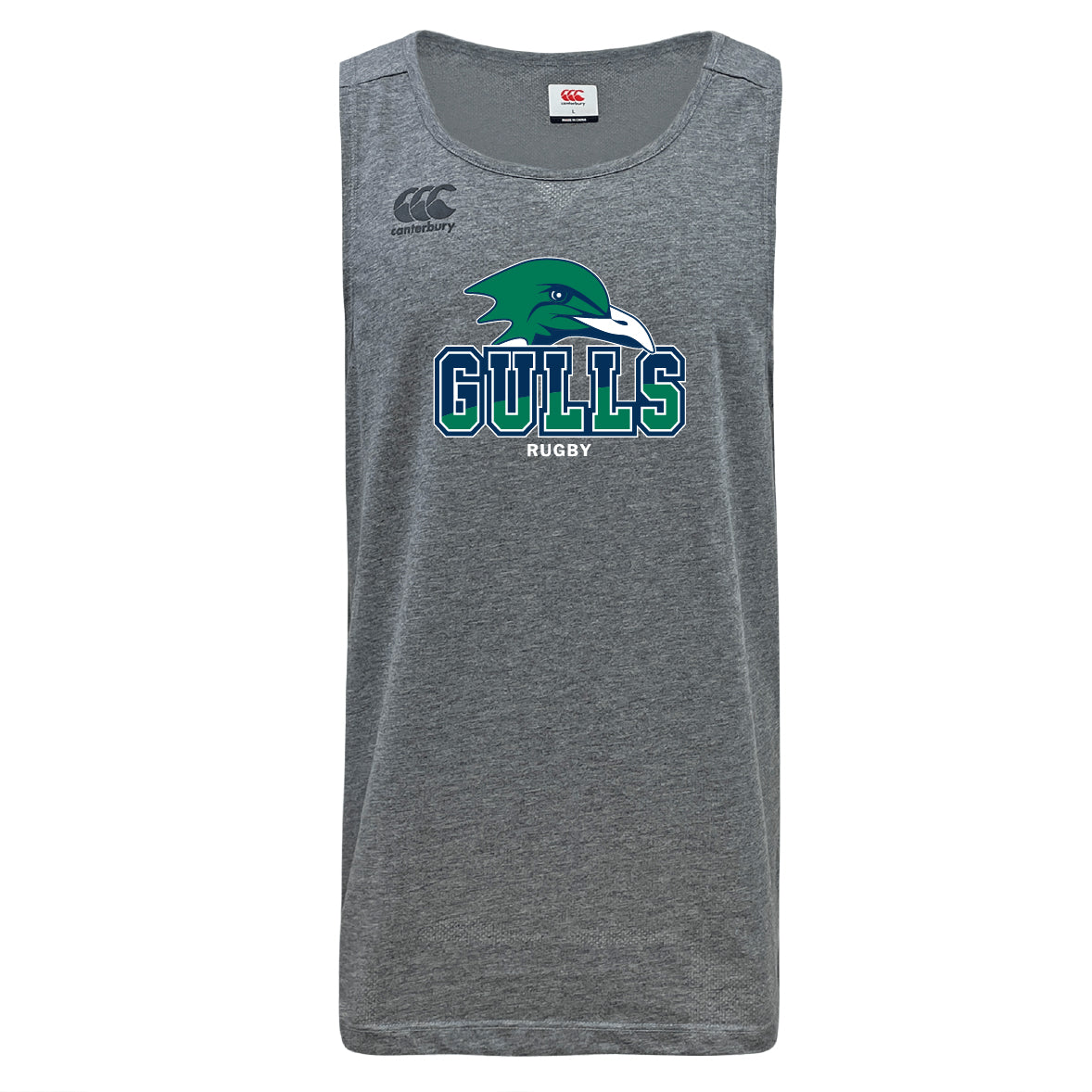 Gray Endicott College Tempo Vapodri Singlet by WRS Canterbury, made from recycled polyester with a green and blue seagull above "GULLS RUGBY" and a small Canterbury logo on the upper right.
