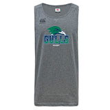 Gray Endicott College Tempo Vapodri Singlet by WRS Canterbury, made from recycled polyester with a green and blue seagull above "GULLS RUGBY" and a small Canterbury logo on the upper right.