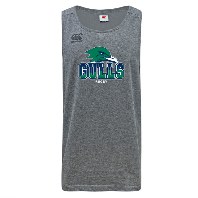 Gray Endicott College Tempo Vapodri Singlet by WRS Canterbury, made from recycled polyester with a green and blue seagull above "GULLS RUGBY" and a small Canterbury logo on the upper right.