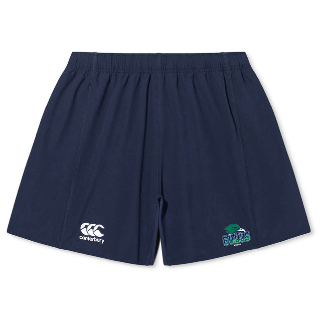The Endicott College Yokohama Short by EMB Canterbury features an elastic waistband, Canterbury logo on the left leg, and Gulls logo on the right—perfect for fans seeking authentic Yokohama Short style.