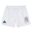 The Endicott College Tactic Short by EMB Canterbury features lightweight white fabric, an elastic waistband, a stylized logo on the right leg, and a "Gulls" logo with a green bird on the left—perfect men's rugby shorts.