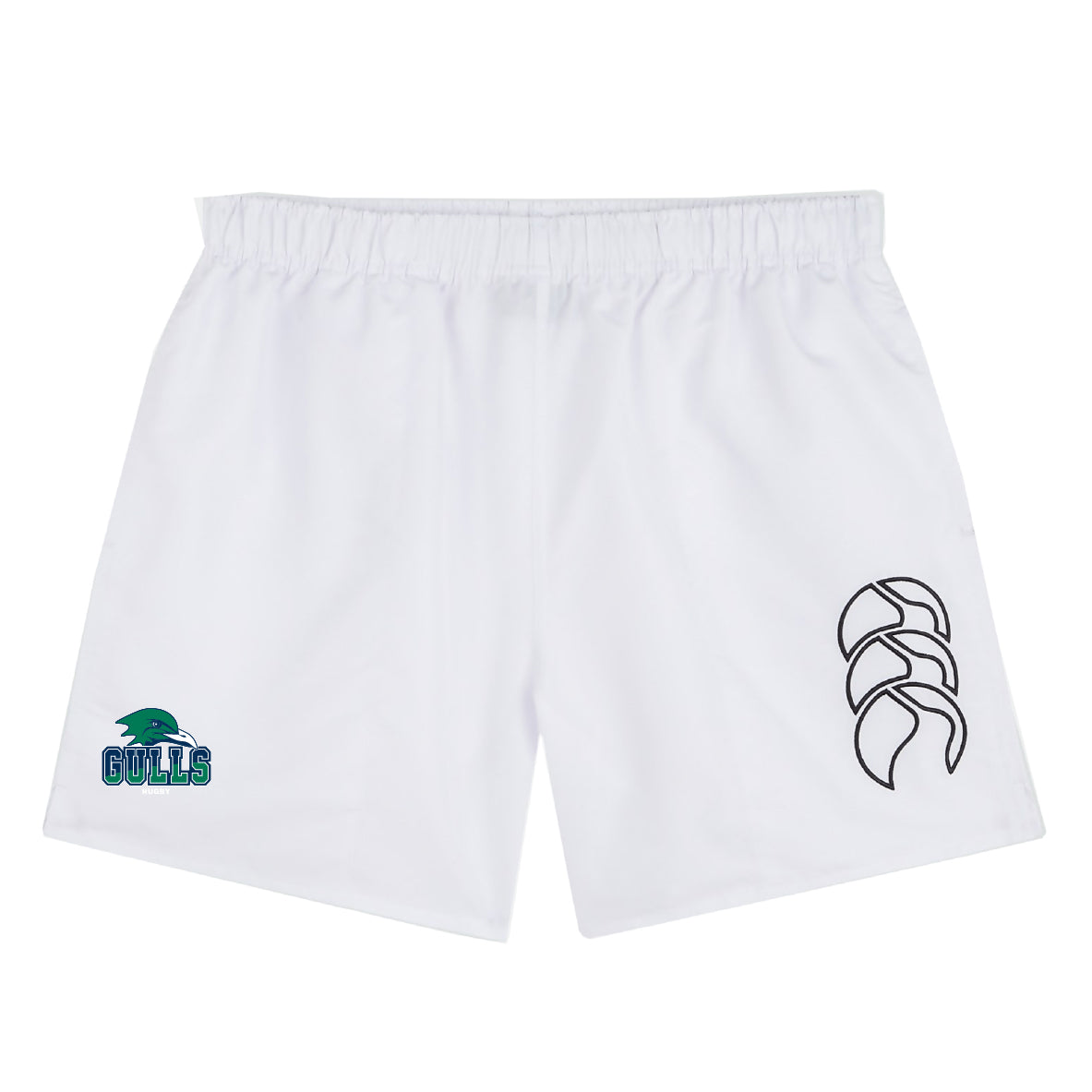 The Endicott College Tactic Short by EMB Canterbury features lightweight white fabric, an elastic waistband, a stylized logo on the right leg, and a "Gulls" logo with a green bird on the left—perfect men's rugby shorts.