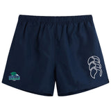 The Endicott College Tactic Short by EMB Canterbury are navy blue, lightweight gym shorts with a white geometric logo on the right leg and a Seagulls team emblem on the left.