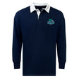 The EMB Mudoo Endicott College Classic Long Sleeve Solid Rugby Jersey features a navy design, white collar, and the "Gulls Rugby" logo on the left chest.