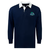 The EMB Mudoo Endicott College Classic Long Sleeve Solid Rugby Jersey features a navy design, white collar, and the "Gulls Rugby" logo on the left chest.