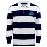 The EMB Mudoo Endicott College Classic Long Sleeve Hooped Rugby Jersey features wide navy and white stripes with a "Gulls" logo on the left chest—a timeless retro piece for rugby fans.