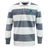 The EMB Mudoo Endicott College Classic Long Sleeve Hooped Rugby Jersey features wide gray and white stripes and a teal gull "Gulls Rugby" logo on the left chest for an authentic retro rugby style.