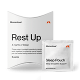 The Momentous Nightly Sleep 5-Pack, a non-habit forming sleep and cognitive support supplement, is displayed with its box and “Sleep Pouch” sachets against a plain background.