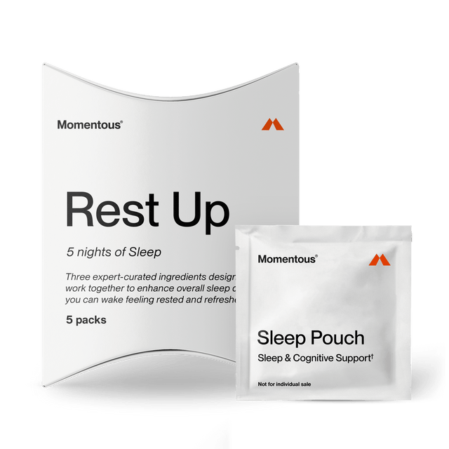 The Momentous Nightly Sleep 5-Pack, a non-habit forming sleep and cognitive support supplement, is displayed with its box and “Sleep Pouch” sachets against a plain background.