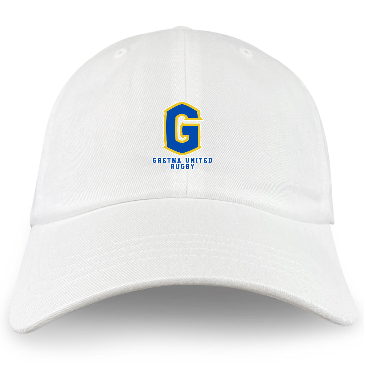 The EMB S&S Activewear Gretna United Rugby Adult Low-Profile Cotton Twill Dad Cap features a white design with an embroidered blue and yellow "G" logo and "Gretna United Rugby" text on the front.
