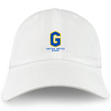 The EMB S&S Activewear Gretna United Rugby Adult Low-Profile Cotton Twill Dad Cap features a white design with an embroidered blue and yellow "G" logo and "Gretna United Rugby" text on the front.