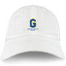 The EMB S&S Activewear Gretna United Rugby Adult Low-Profile Cotton Twill Dad Cap features a white design with an embroidered blue and yellow "G" logo and "Gretna United Rugby" text on the front.