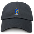 The Gretna United Rugby Adult Low-Profile Cotton Twill Dad Cap by EMB S&S Activewear features a yellow and blue "G" logo, embroidered team branding, and "Gretna United Rugby" text on the front.