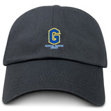The Gretna United Rugby Adult Low-Profile Cotton Twill Dad Cap by EMB S&S Activewear features a yellow and blue "G" logo, embroidered team branding, and "Gretna United Rugby" text on the front.