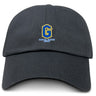 The Gretna United Rugby Adult Low-Profile Cotton Twill Dad Cap by EMB S&S Activewear features a yellow and blue "G" logo, embroidered team branding, and "Gretna United Rugby" text on the front.