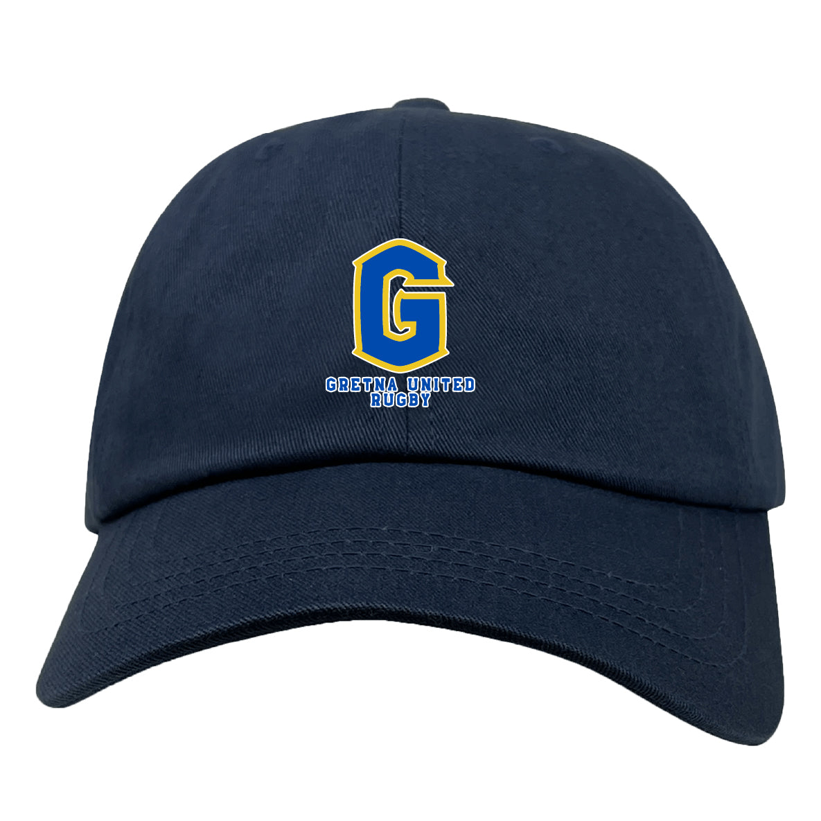 The Gretna United Rugby Adult Low-Profile Cotton Twill Dad Cap by EMB S&S Activewear features a navy blue design with a yellow and blue "G" logo, embroidered team branding, and "Gretna United Rugby" text below.