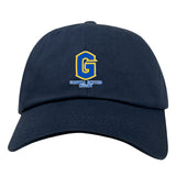 The Gretna United Rugby Adult Low-Profile Cotton Twill Dad Cap by EMB S&S Activewear features a navy blue design with a yellow and blue "G" logo, embroidered team branding, and "Gretna United Rugby" text below.