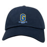 The Gretna United Rugby Adult Low-Profile Cotton Twill Dad Cap by EMB S&S Activewear features a navy blue design with a yellow and blue "G" logo, embroidered team branding, and "Gretna United Rugby" text below.