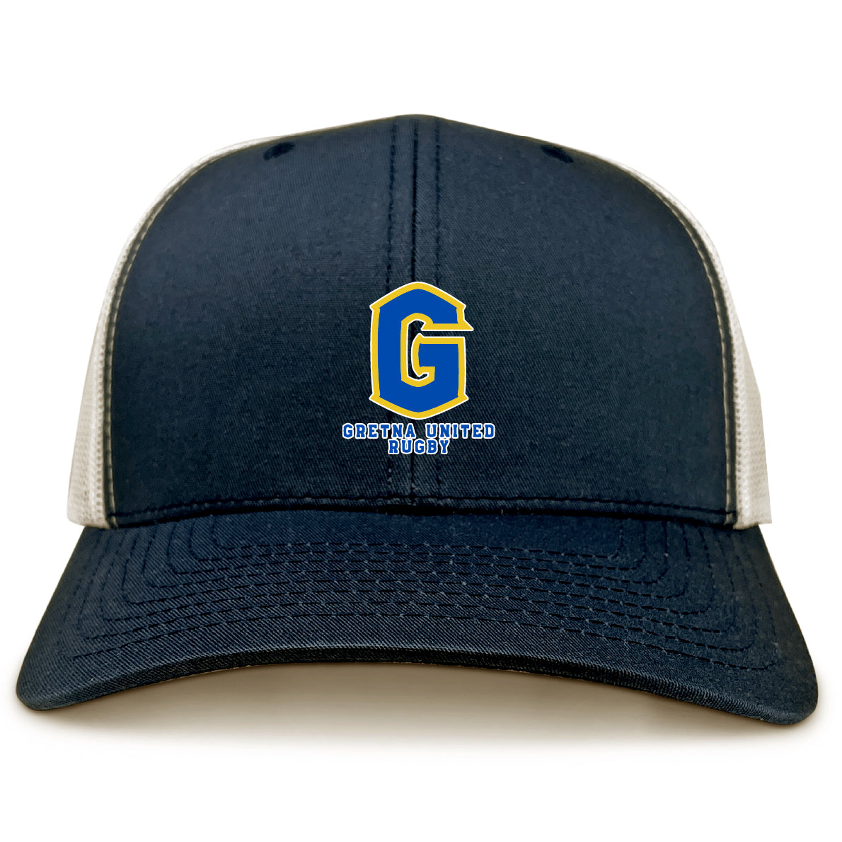 The EMB S&S Activewear Gretna United Rugby Retro Trucker Cap features a navy and white mesh back, embroidered yellow and blue "G" with "Gretna United Rugby" on the front, and an adjustable snapback closure.