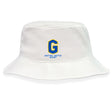 The Gretna United Rugby Crusher Bucket Cap by EMB S&S Activewear is a white cotton twill hat featuring a blue and yellow "G" and "Gretna United Rugby" text on the front, combining sun protection with classic bucket cap style.
