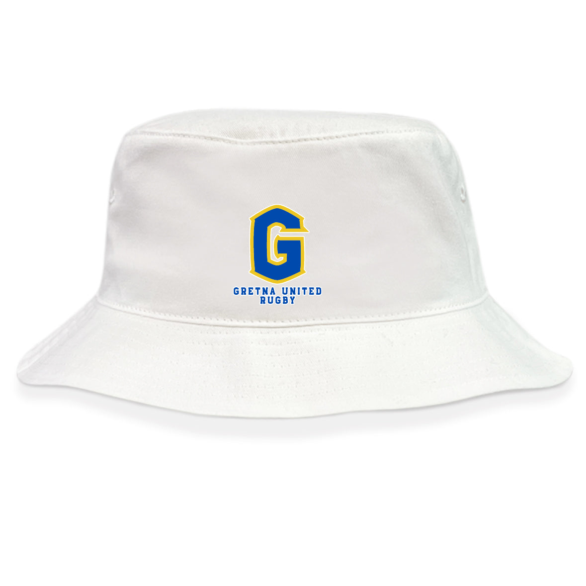 The Gretna United Rugby Crusher Bucket Cap by EMB S&S Activewear is a white cotton twill hat featuring a blue and yellow "G" and "Gretna United Rugby" text on the front, combining sun protection with classic bucket cap style.