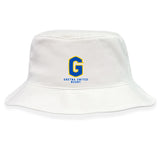 The Gretna United Rugby Crusher Bucket Cap by EMB S&S Activewear is a white cotton twill hat featuring a blue and yellow "G" and "Gretna United Rugby" text on the front, combining sun protection with classic bucket cap style.