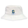The Gretna United Rugby Crusher Bucket Cap by EMB S&S Activewear is a white cotton twill hat featuring a blue and yellow "G" and "Gretna United Rugby" text on the front, combining sun protection with classic bucket cap style.