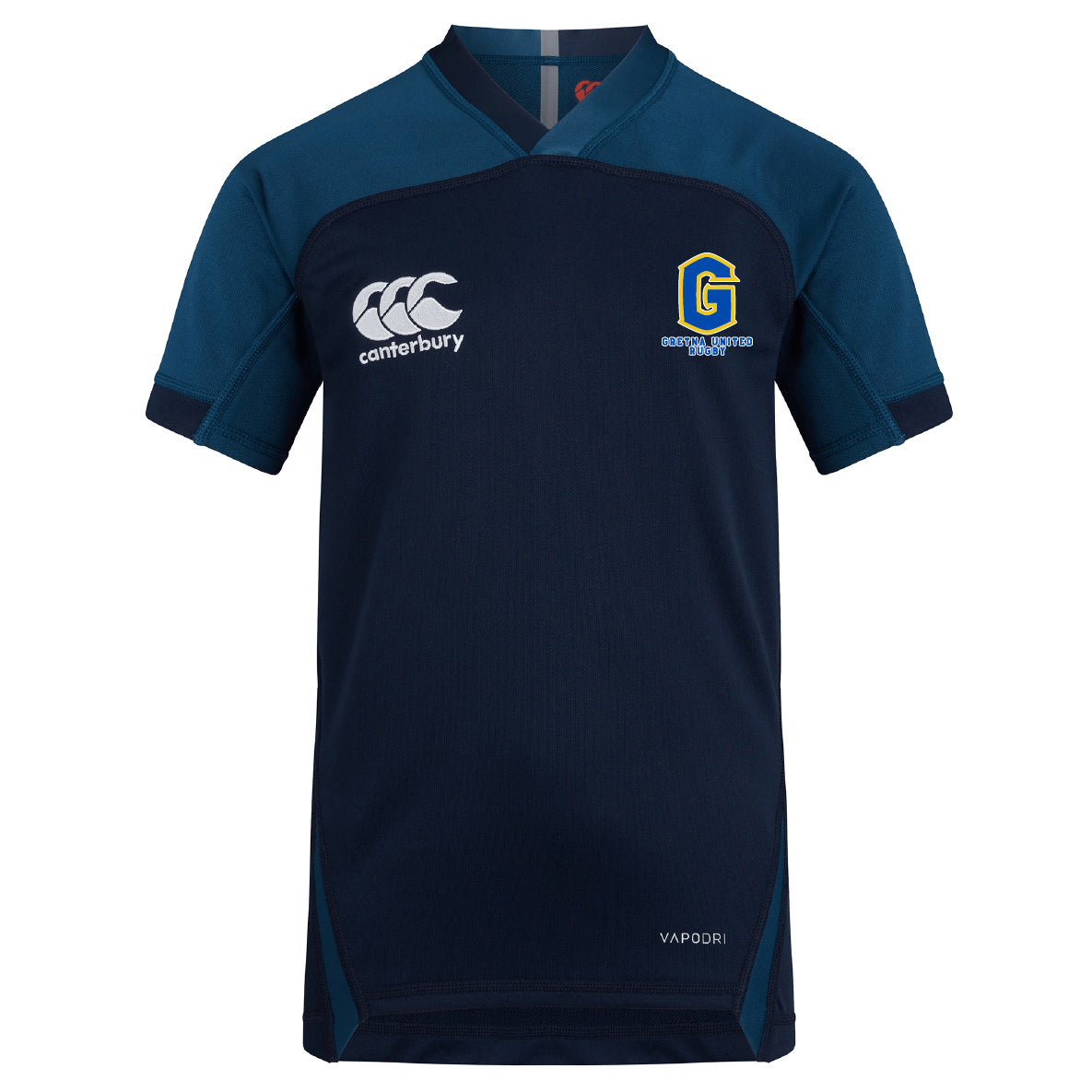 The Gretna United Rugby Vapodri Evader Jersey by Canterbury, from EMB Canterbury, is a navy short-sleeve V-neck shirt with dark blue shoulder panels, Goldington Academy logos on the chest, and moisture-wicking technology for comfort.
