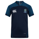 The Gretna United Rugby Vapodri Evader Jersey by Canterbury, from EMB Canterbury, is a navy short-sleeve V-neck shirt with dark blue shoulder panels, Goldington Academy logos on the chest, and moisture-wicking technology for comfort.