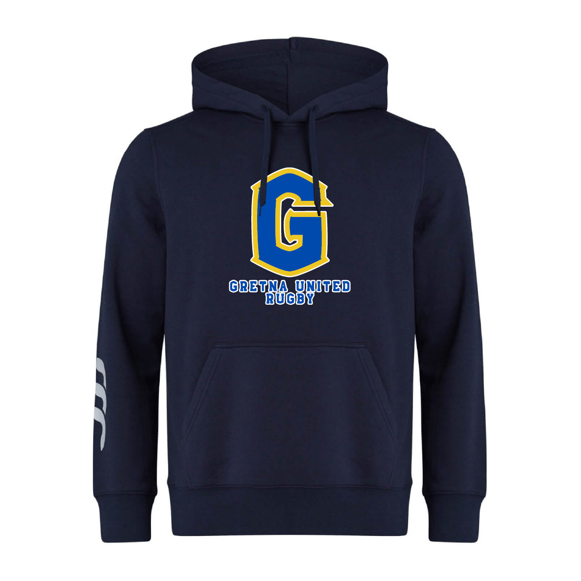 The Gretna United Rugby Club Hoodie by WRS Canterbury features a large blue, gold, and white "G" with "Gretna United Rugby" on the front and white stripes on the right sleeve for a classic team style.
