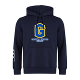 The Gretna United Rugby Club Hoodie by WRS Canterbury features a large blue, gold, and white "G" with "Gretna United Rugby" on the front and white stripes on the right sleeve for a classic team style.