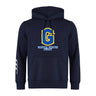 The Gretna United Rugby Club Hoodie by WRS Canterbury features a large blue, gold, and white "G" with "Gretna United Rugby" on the front and white stripes on the right sleeve for a classic team style.