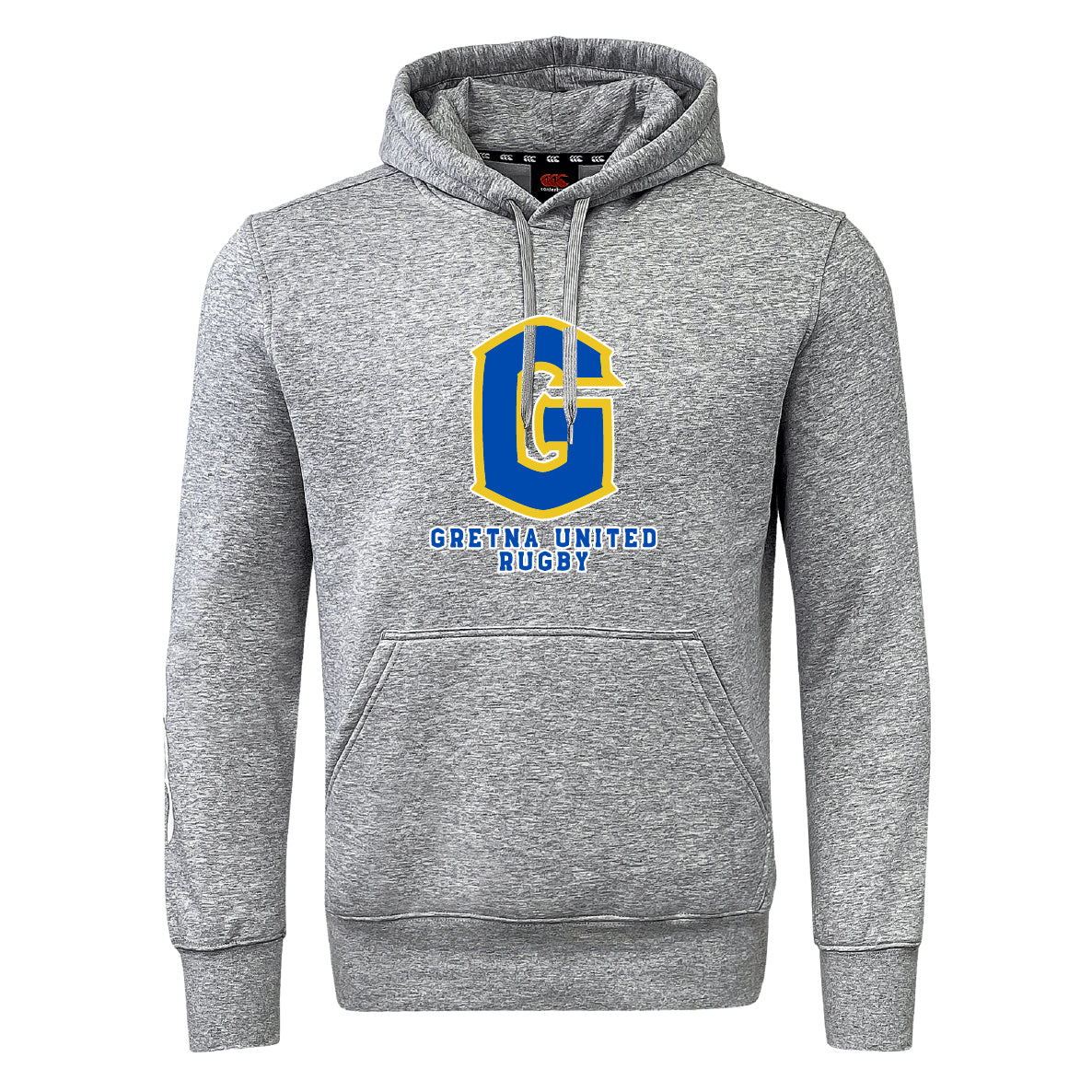 The WRS Canterbury Gretna United Rugby Club Hoodie features a gray design with a large blue and gold "G" and "Gretna United Rugby" printed on the front.