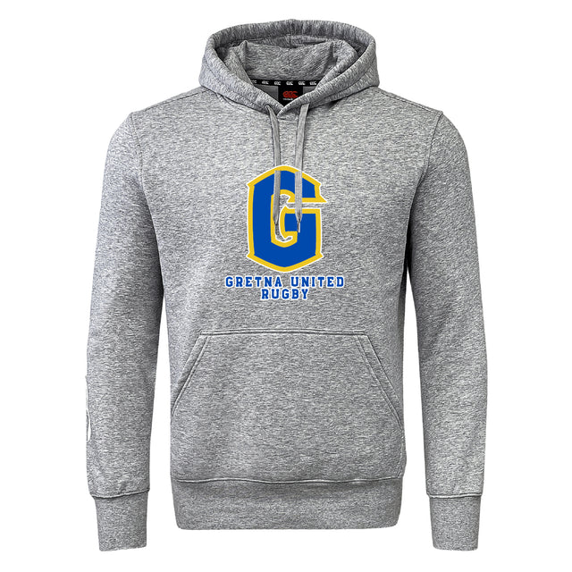 The WRS Canterbury Gretna United Rugby Club Hoodie features a gray design with a large blue and gold "G" and "Gretna United Rugby" printed on the front.