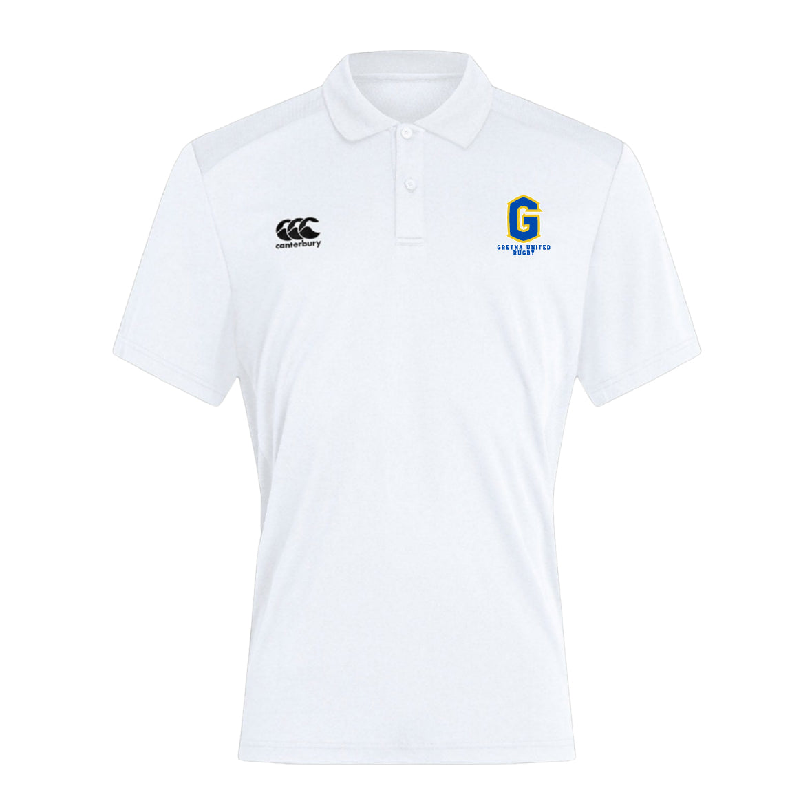 The Gretna United Rugby Waimak Polo by EMB Canterbury is a white short-sleeve polo with collar, featuring the Canterbury logo on the right chest and a blue and yellow "G" logo with text on the left chest.