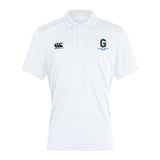 The Gretna United Rugby Waimak Polo by EMB Canterbury is a white short-sleeve polo with collar, featuring the Canterbury logo on the right chest and a blue and yellow "G" logo with text on the left chest.