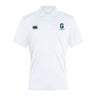 The Gretna United Rugby Waimak Polo by EMB Canterbury is a white short-sleeve polo with collar, featuring the Canterbury logo on the right chest and a blue and yellow "G" logo with text on the left chest.