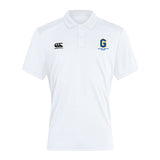 The Gretna United Rugby Club Dry Polo by EMB Canterbury features short sleeves, a collar, Vapodri technology for breathability, the Canterbury logo on the right chest, and a blue and yellow "G" logo with text on the left chest.