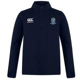 The Gretna United Rugby Club Track Jacket by Canterbury is a navy blue long-sleeve quarter-zip pullover, featuring the Canterbury logo on the right chest and "Gretna United" on the left; lightweight and water repellent.