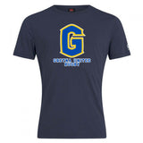 The Gretna United Rugby Club Plain Tee by WRS Canterbury is a navy blue premium cotton blend shirt with a large yellow and blue "G" logo and "Gretna United Rugby" printed below in white and blue.