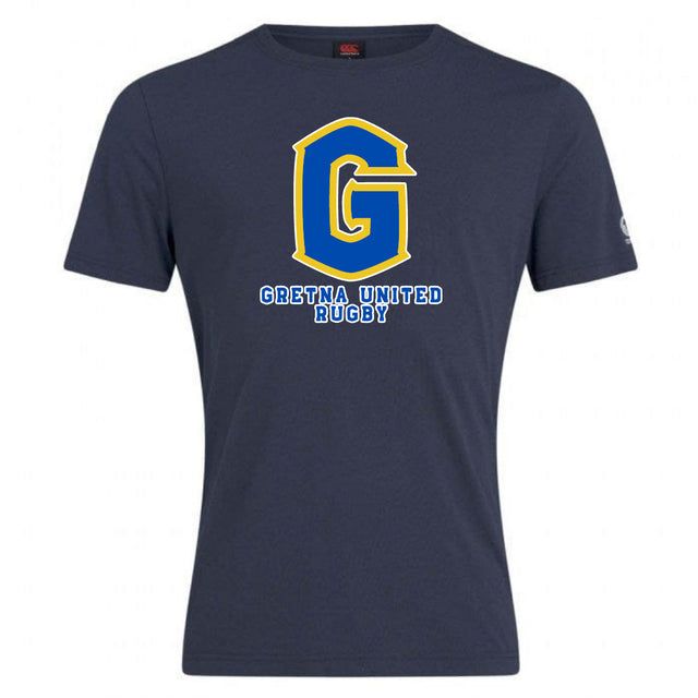 The Gretna United Rugby Club Plain Tee by WRS Canterbury is a navy blue premium cotton blend shirt with a large yellow and blue "G" logo and "Gretna United Rugby" printed below in white and blue.